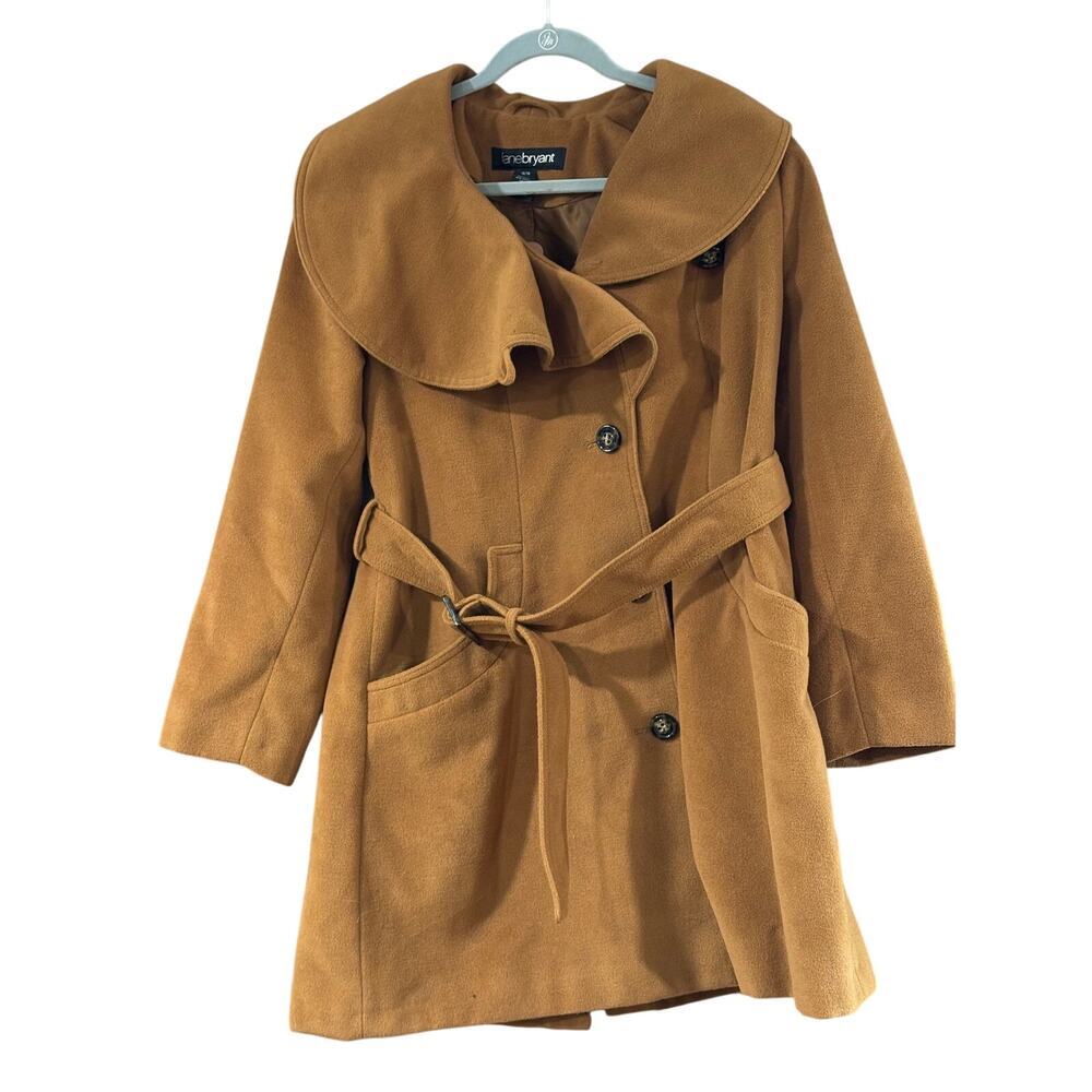 Lane Bryant Camel Brown Shawl Collar Belted Wool Blend Coat Womens Plus 14/16